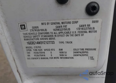 2000 Chevrolet Silverado 1500 z USA, uszkodzony, nr VIN 1GCEC14W3YZ127723